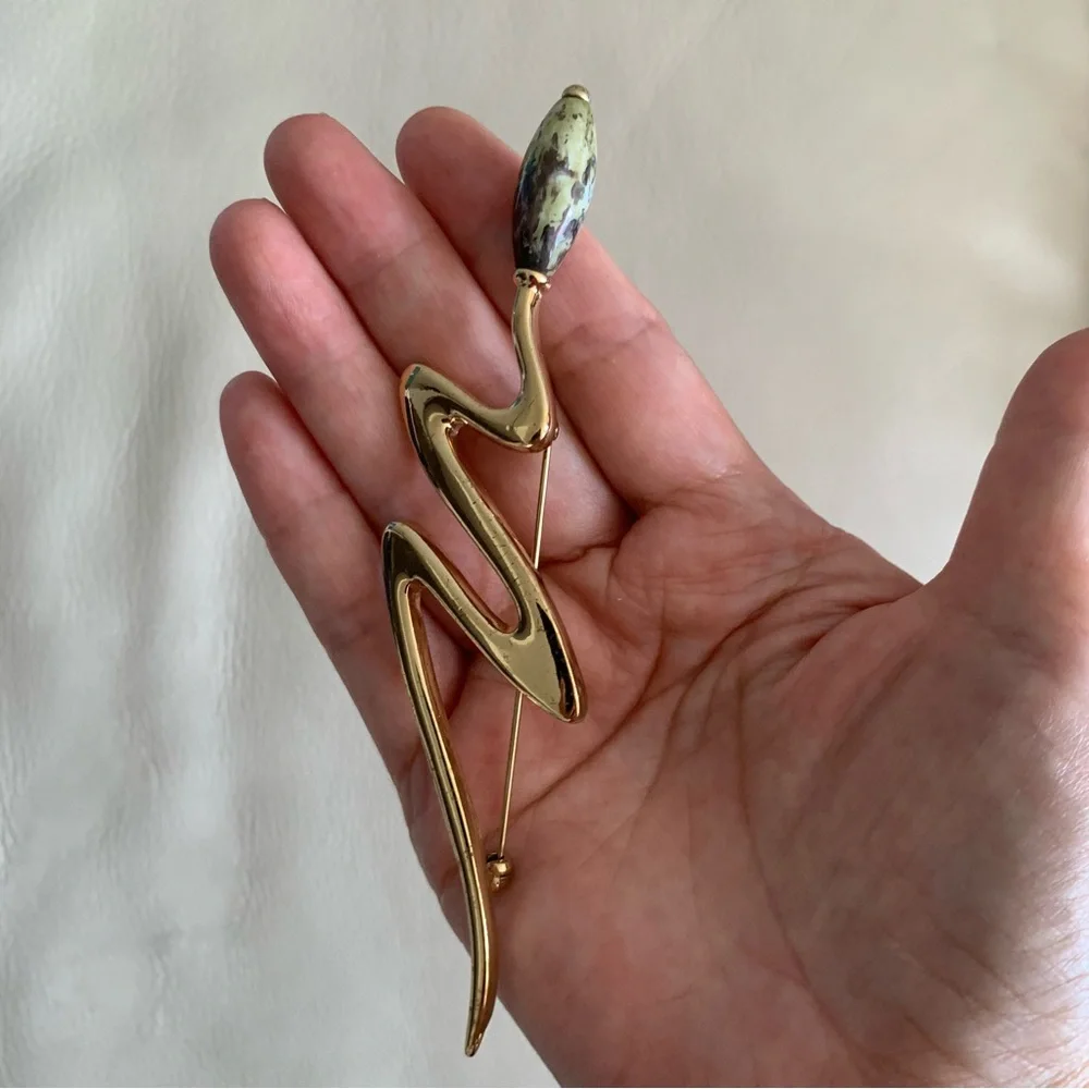 Vintage Abstract Gold Tone Brooch w/ Green Stone Accent Statement Pin Art Deco